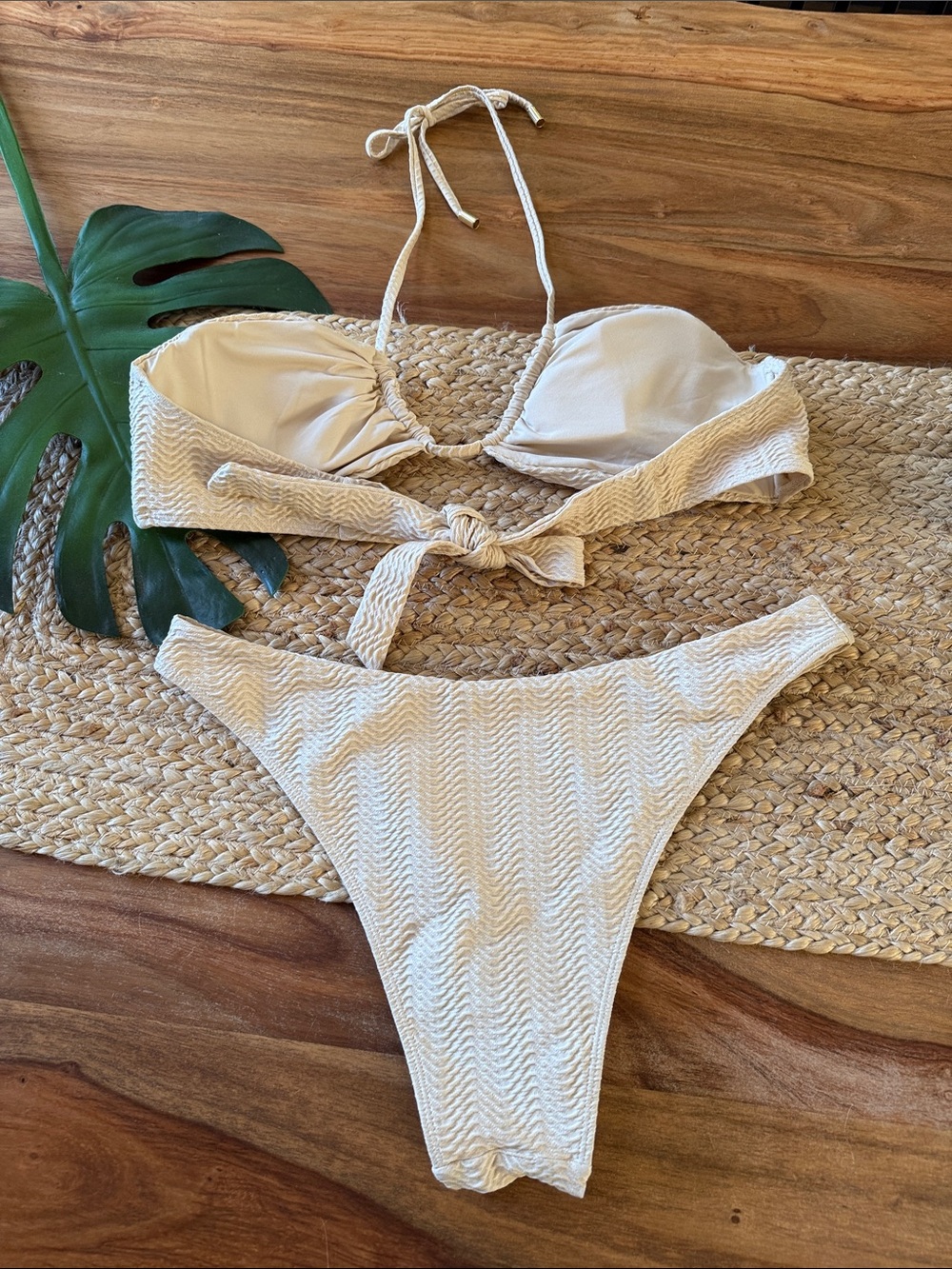 Monday Swimwear Cream Vanilla Bandeau Textured Bikini Set Med/Lg - Picture 7 of 11